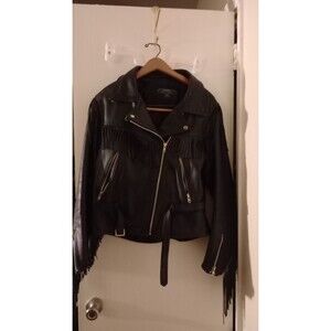 Vtg Bullskin Women's Fringed Leather Motorcycle Jacket Made In Korea Size 14
